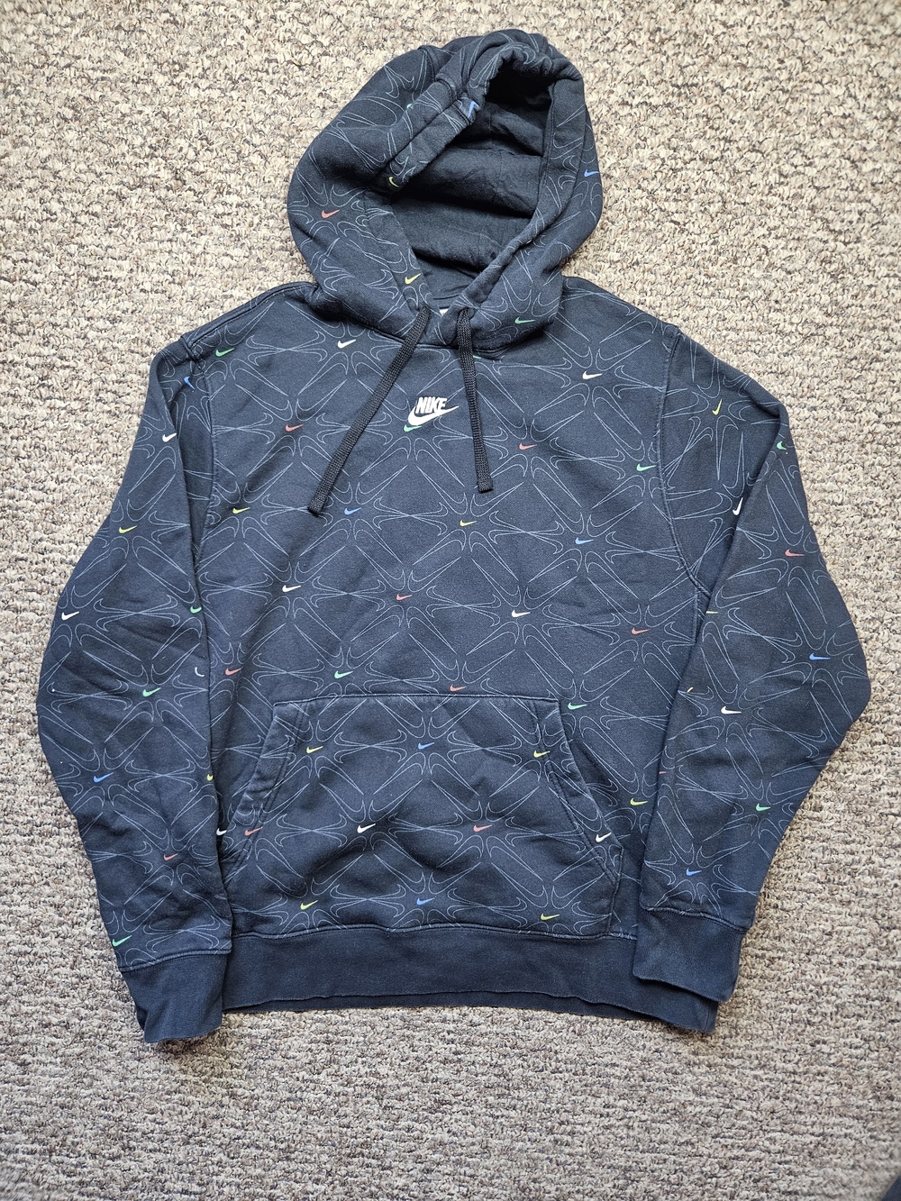 Nike All Over Print Swoosh Men's Black Hooded Pullover Sweatshirt